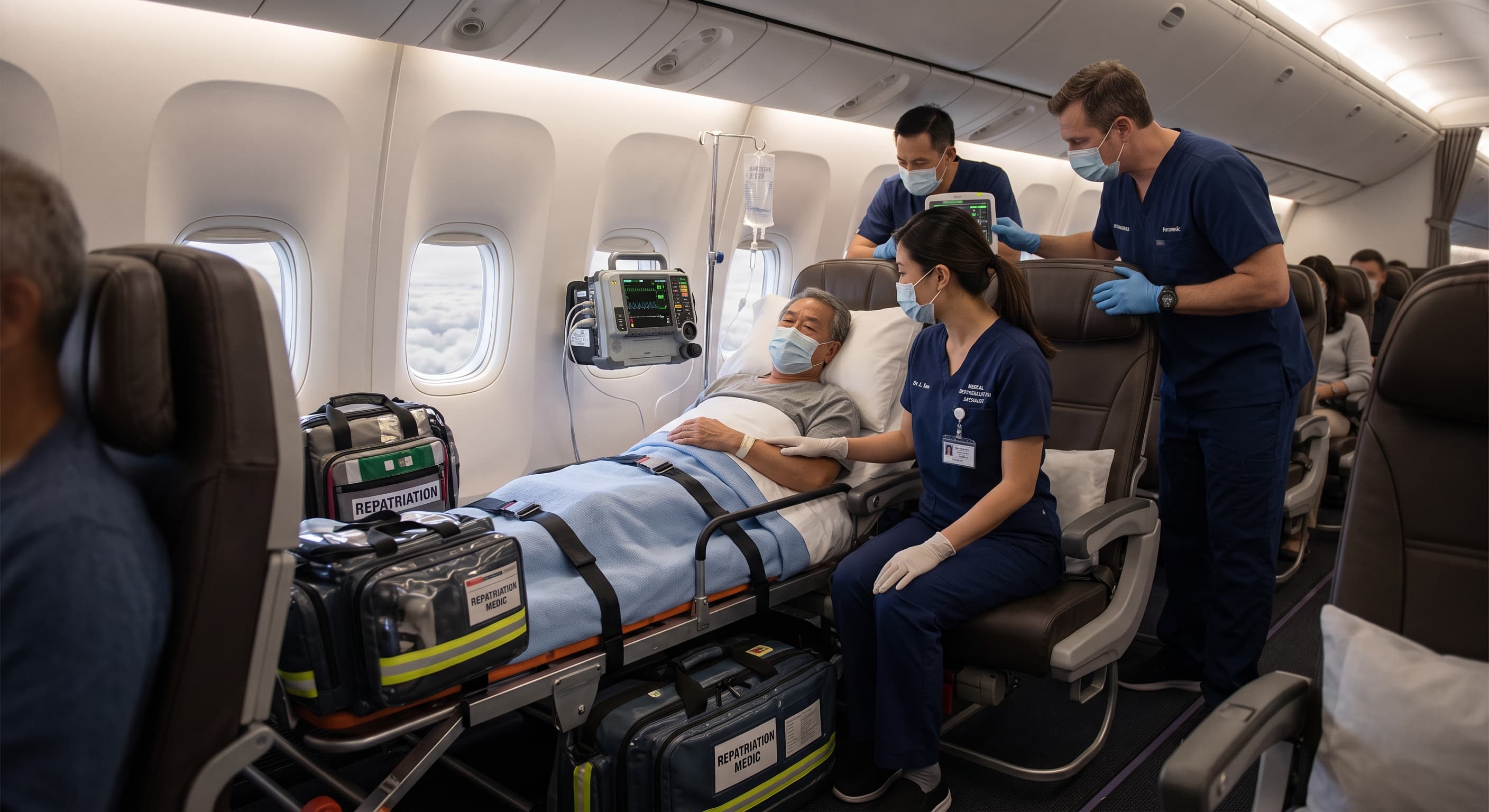 A medical team transferring a patient by air ambulance