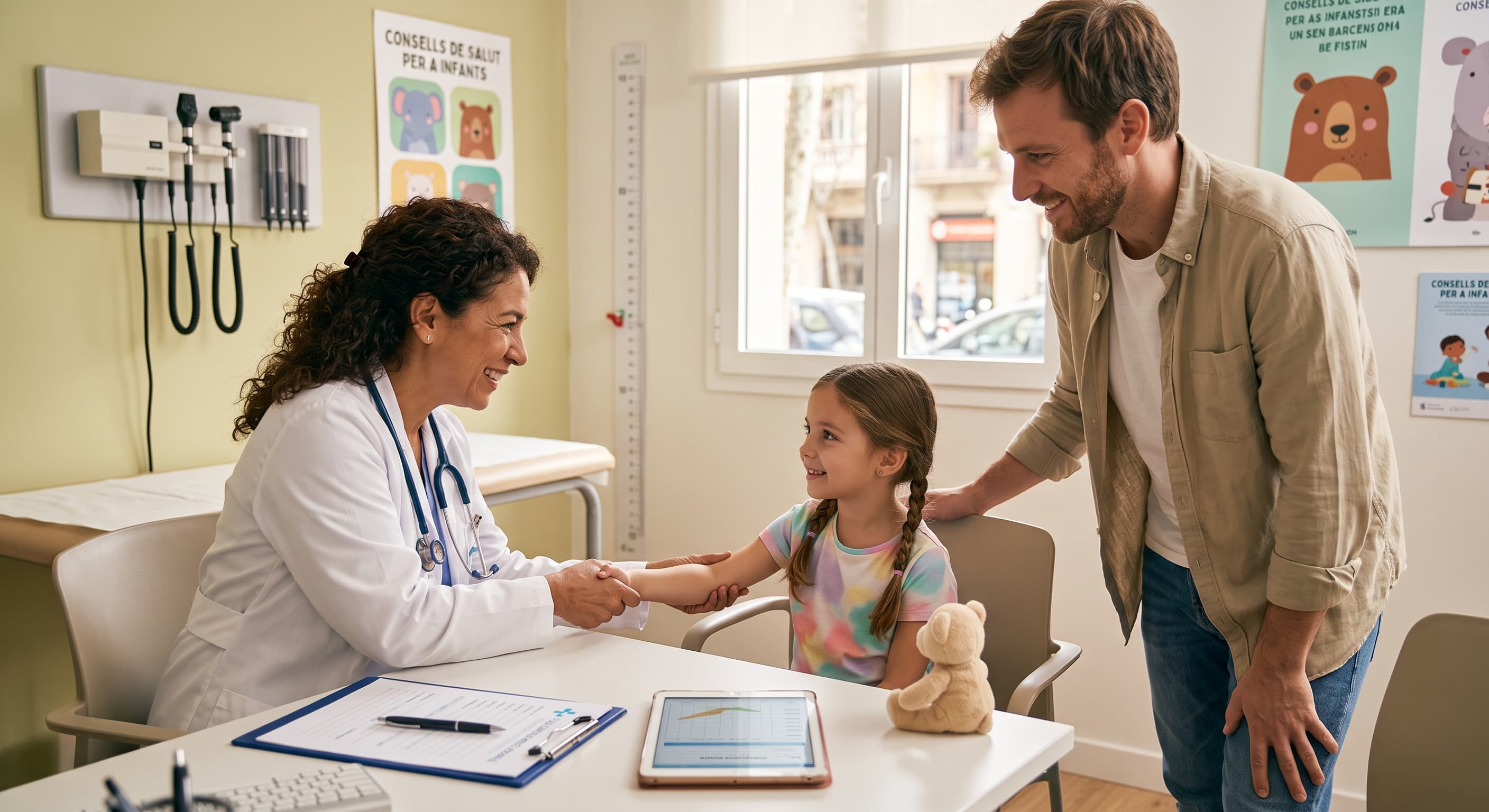 A doctor welcoming a child and parent during a clinic visit
