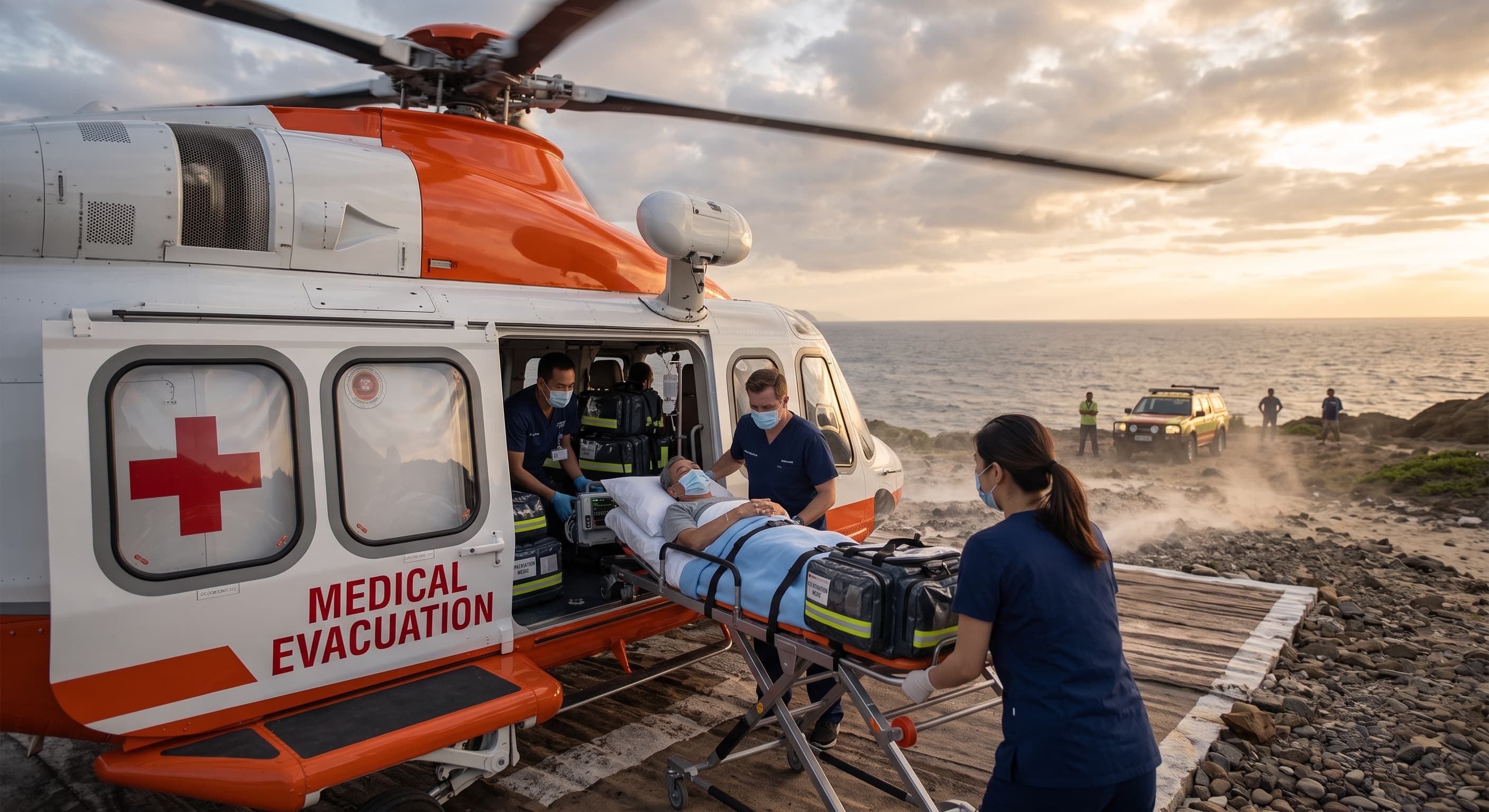 A medical team evacuating a patient by emergency helicopter